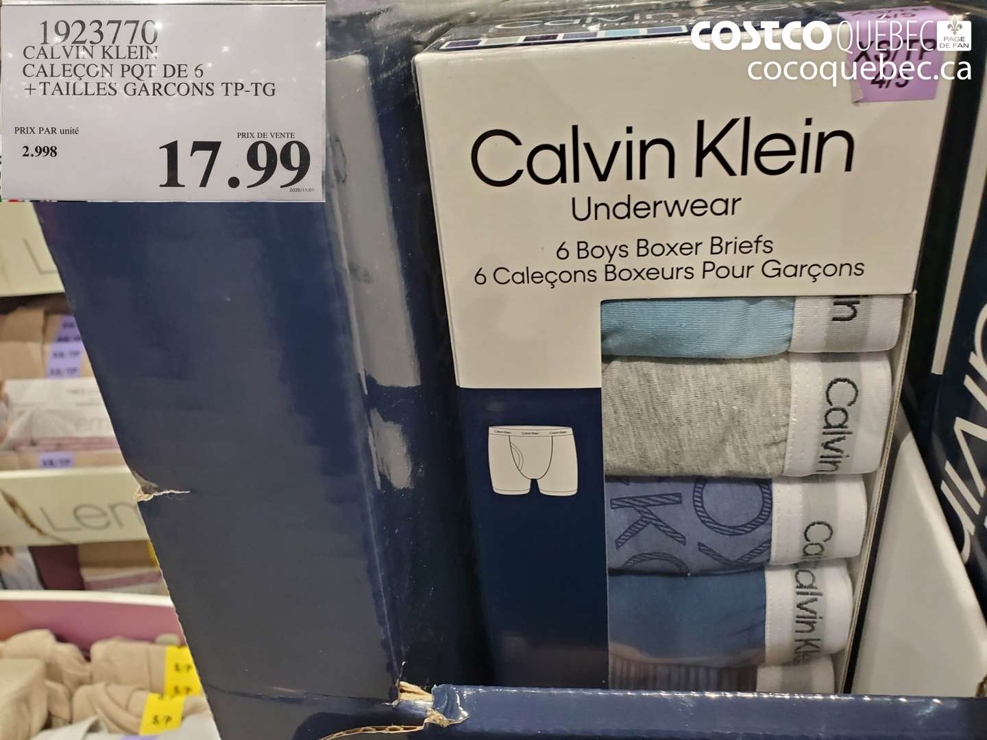 1923770 CALVIN KLEIN CALEÇON PQT DE 6 + TAILLES GARCONS TP-TG $17.99