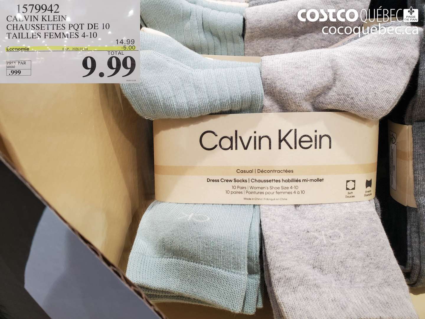 1579942 CALVIN KLEIN CHAUSSETTES PQT DE 10 TAILLES FEMMES 4-10 ($5.00 INSTANT SAVINGS EXPIRES ON 2026-01-04) $9.99