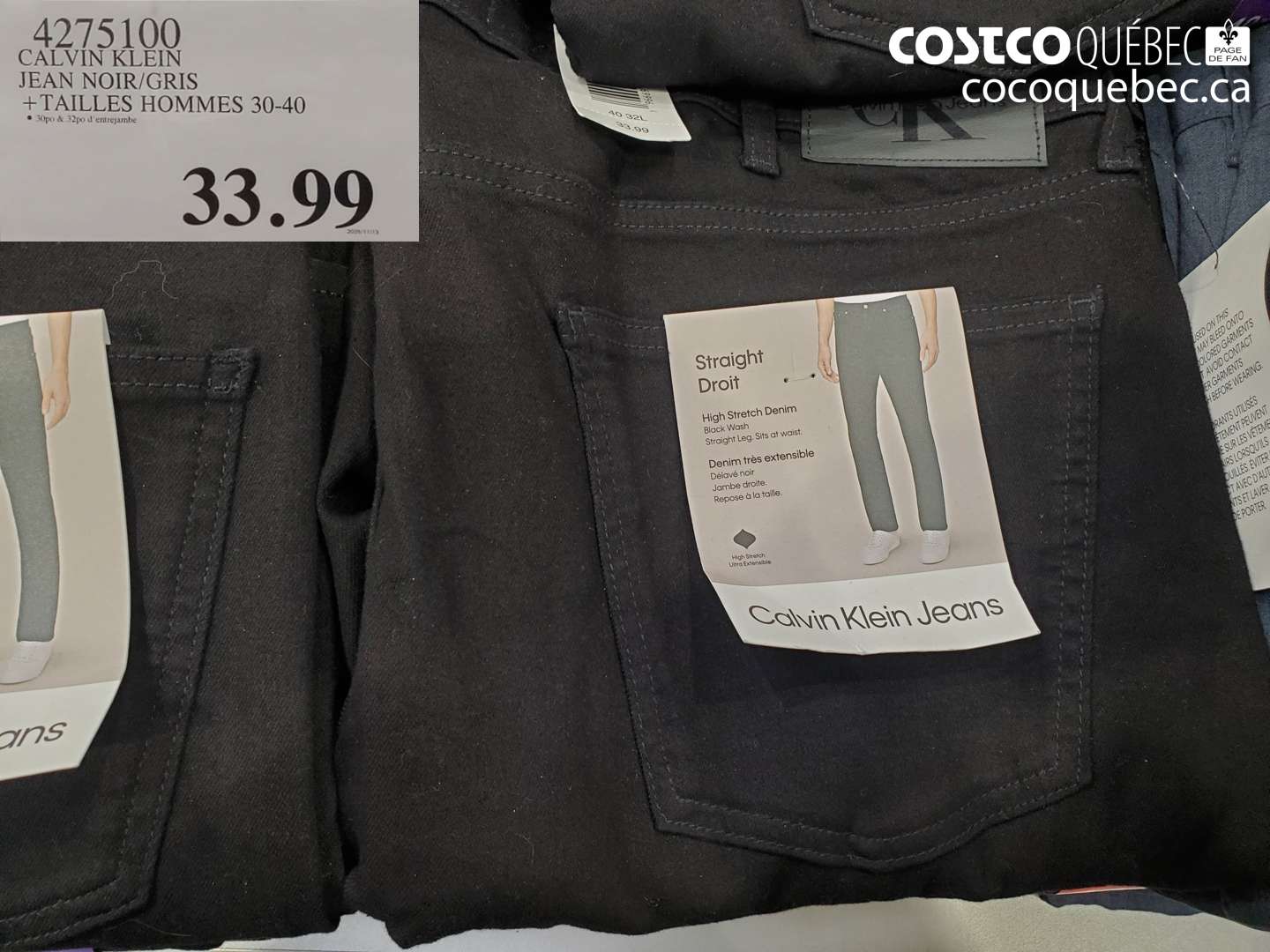 4275100 CALVIN KLEIN JEAN NOIR/GRIS + TAILLES HOMMES 30-40 $33.99