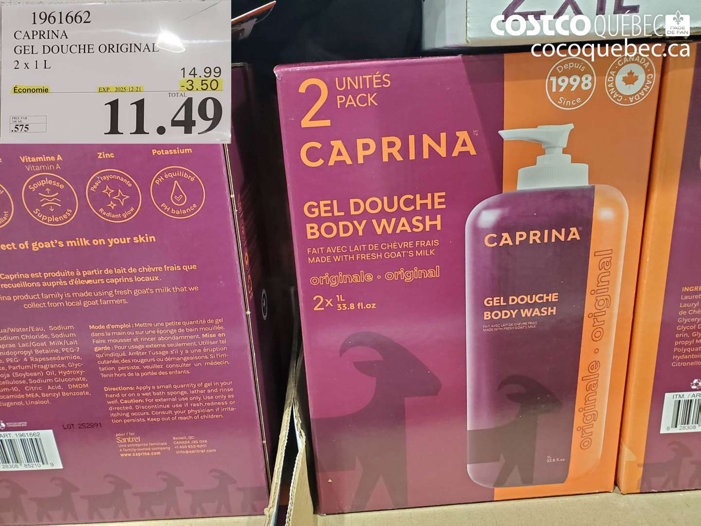 1961662 CAPRINA GEL DOUCHE ORIGINAL 2 x 1L ($3.50 INSTANT SAVINGS EXPIRES ON 2025-12-21) $11.49