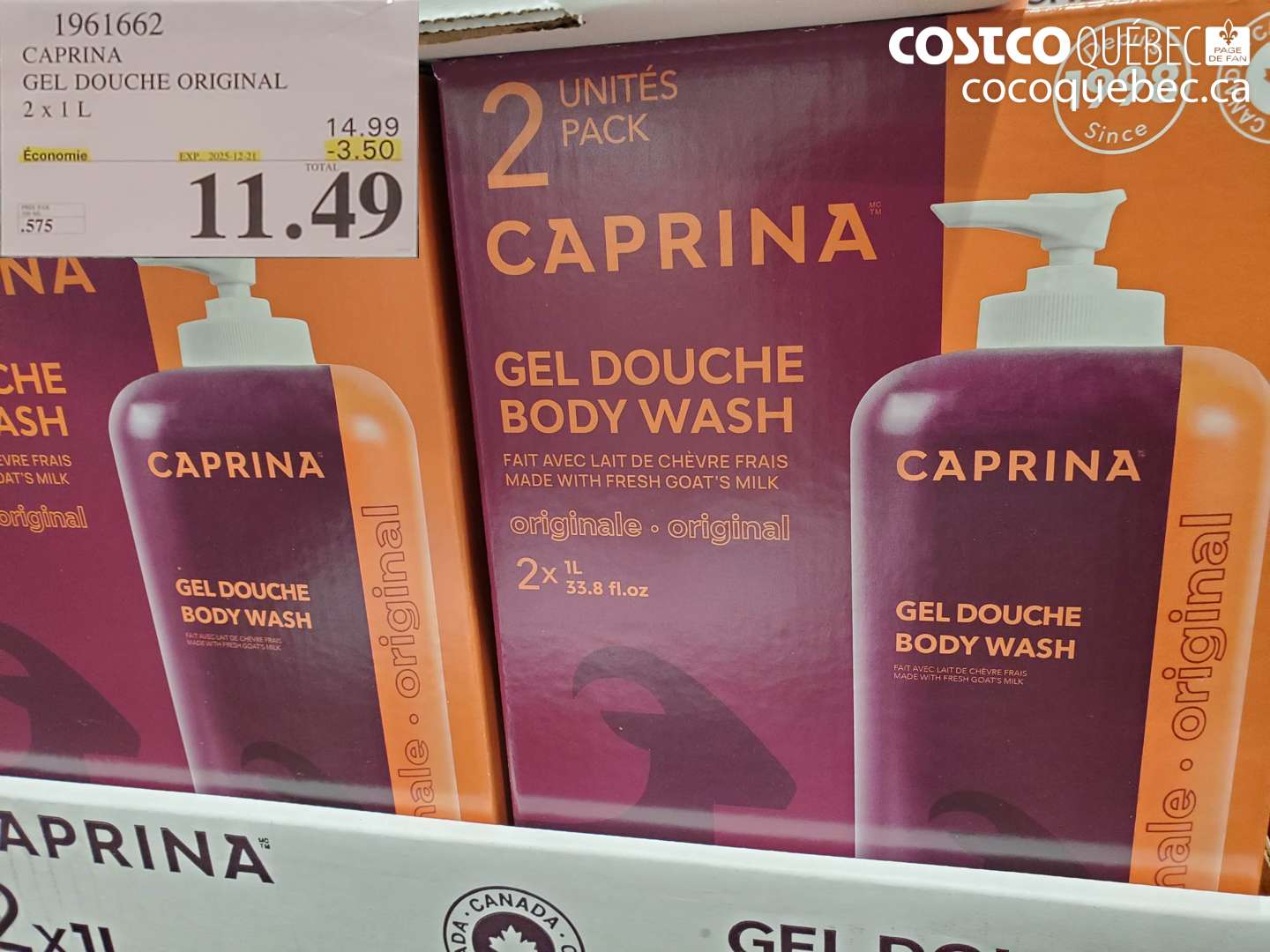 1961662 CAPRINA GEL DOUCHE ORIGINAL 2 x 1 L ($3.50 INSTANT SAVINGS EXPIRES ON 2024-12-21) $11.49