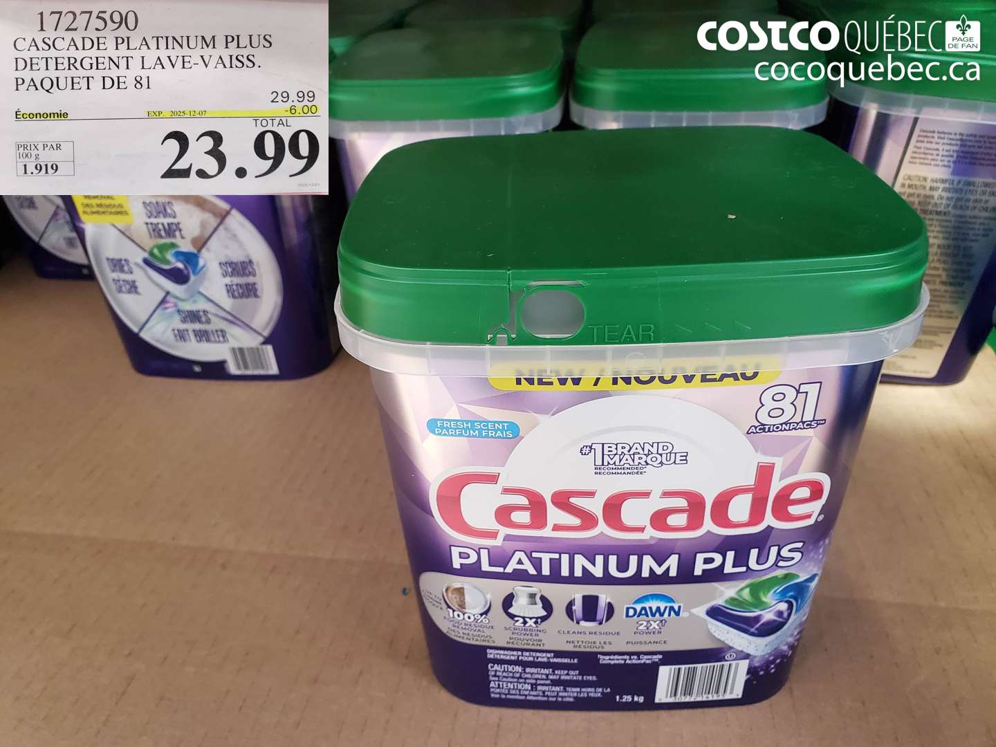 1727590 CASCADE PLATINUM PLUS DETERGENT LAVE-VAISS. PAQUET DE 81 ($6.00 INSTANT SAVINGS EXPIRES ON 2025-12-07) $23.99