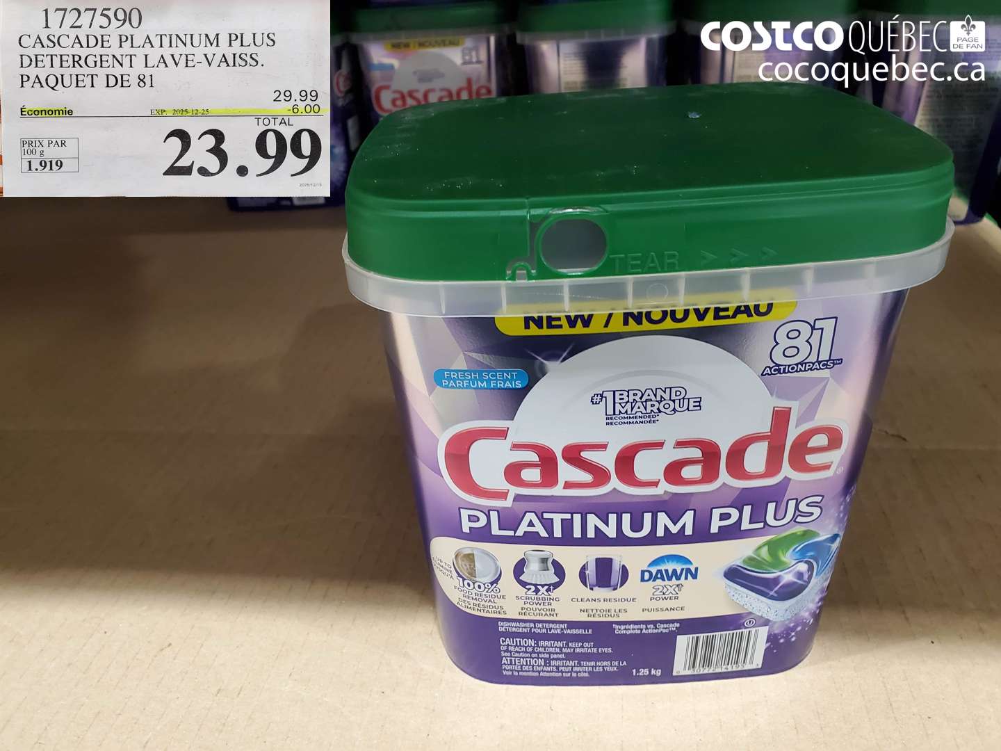 1727590 CASCADE PLATINUM PLUS DETERGENT LAVE-VAIS. PAQUET DE 81 ($6.00 INSTANT SAVINGS EXPIRES ON 2025-12-25) $23.99