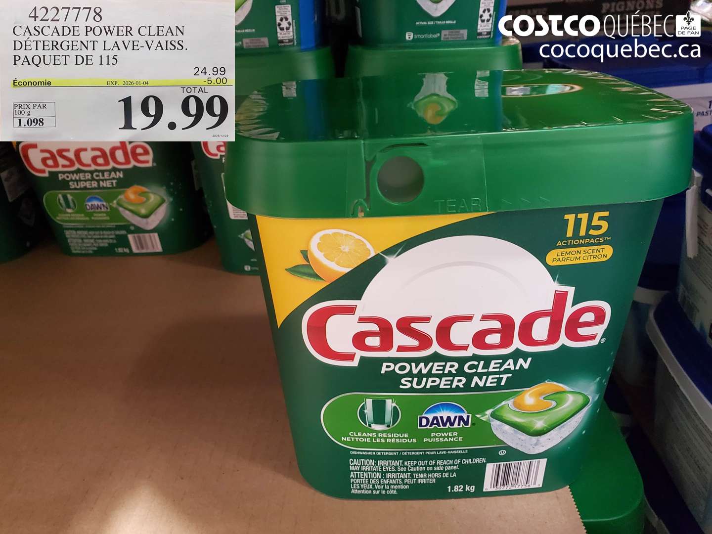 4227778 CASCADE POWER CLEAN DÉTERGENT LAVE-VAISSEUSE PAQUET DE 115 ($5.00 INSTANT SAVINGS EXPIRES ON 2026-01-04) $19.99