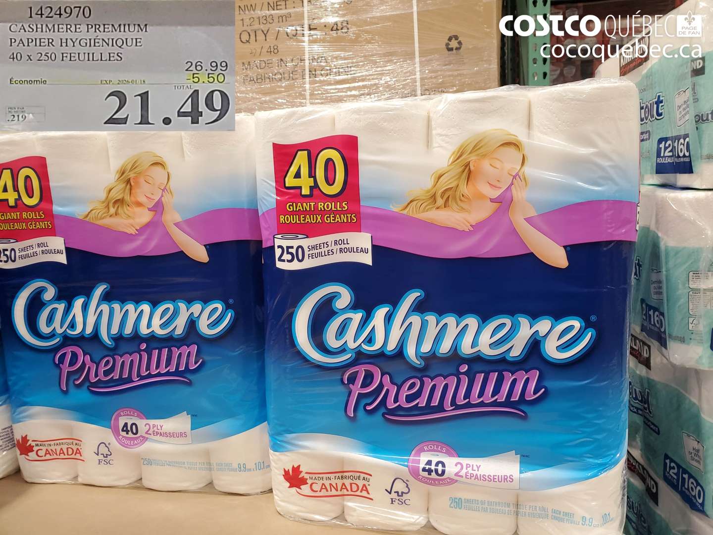 1424970 CASHMERE PREMIUM PAPIER HYGIÉNIQUE 40 x 250 FEUILLES ($5.50 INSTANT SAVINGS EXPIRES ON 2026-01-18) $21.49