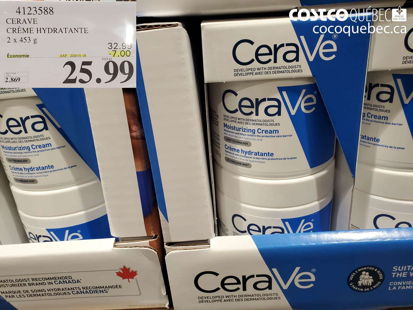 4123588 CERAVE CRÈME HYDRATANTE 2 x 453 g ($7.00 INSTANT SAVINGS EXPIRES ON 2026-01-18) $25.99