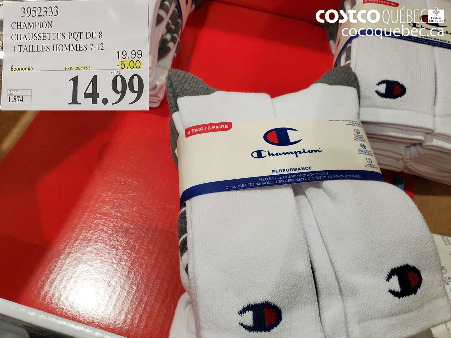 3952333 CHAMPION CHAUSSETTES PQT DE 8 +TAILLES HOMMES 7-12 ($5.00 INSTANT SAVINGS EXPIRES ON 2025-12-21) $14.99
