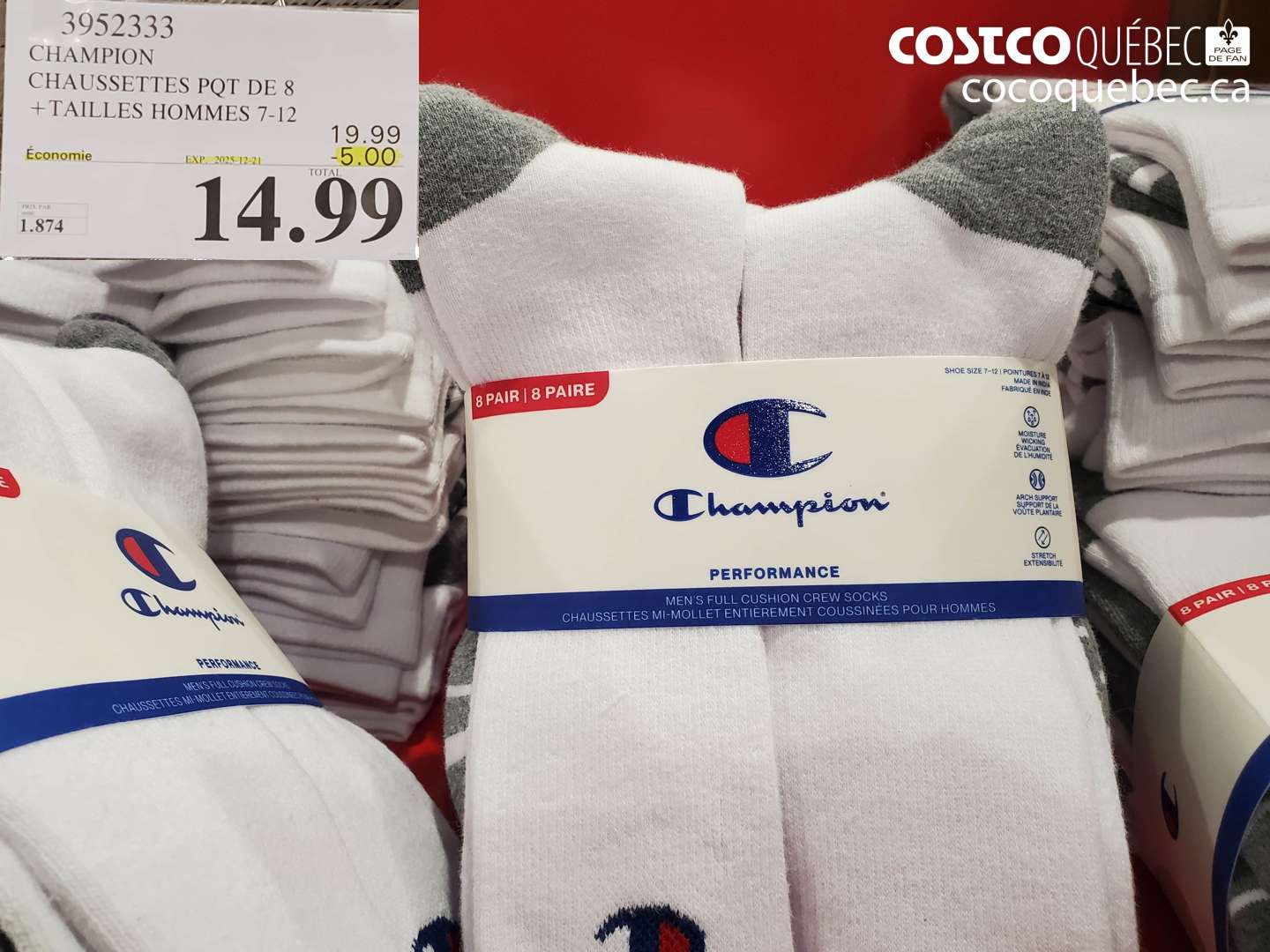 3952333 CHAMPION CHAUSSETTES PQT DE 8 + TAILLES HOMMES 1-12 ($5.00 INSTANT SAVINGS EXPIRES ON 2025-12-21) $14.99