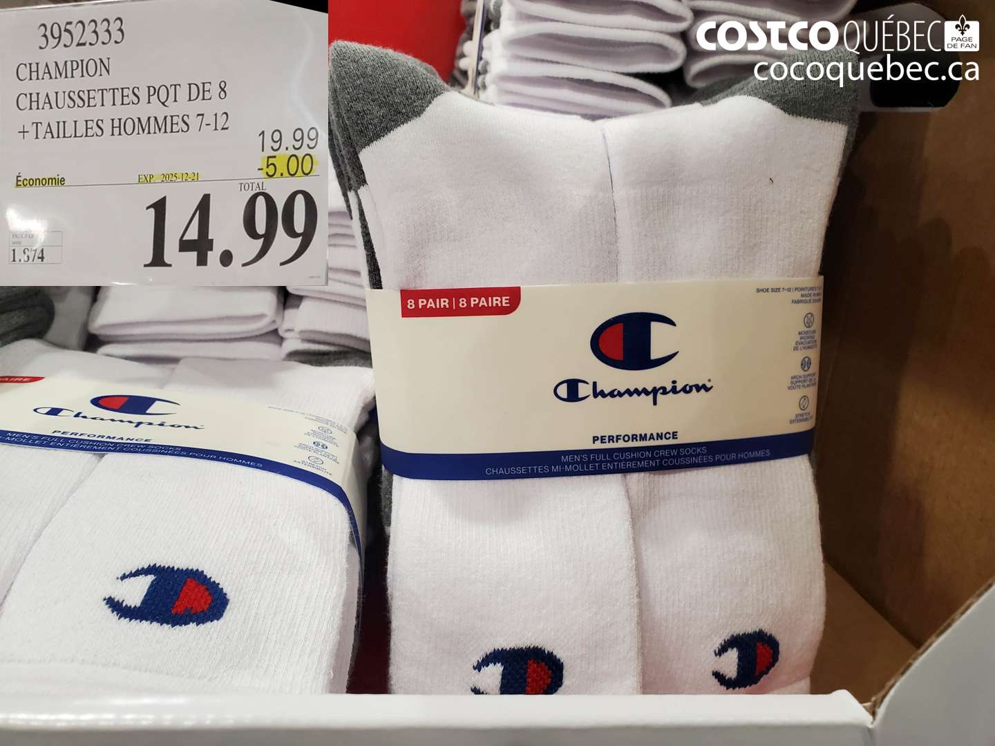 3952333 CHAMPION CHAUSSETTES PQT DE 8 + TAILLES HOMMES 7-12 ($5.00 INSTANT SAVINGS EXPIRES ON 2025-12-21) $14.99