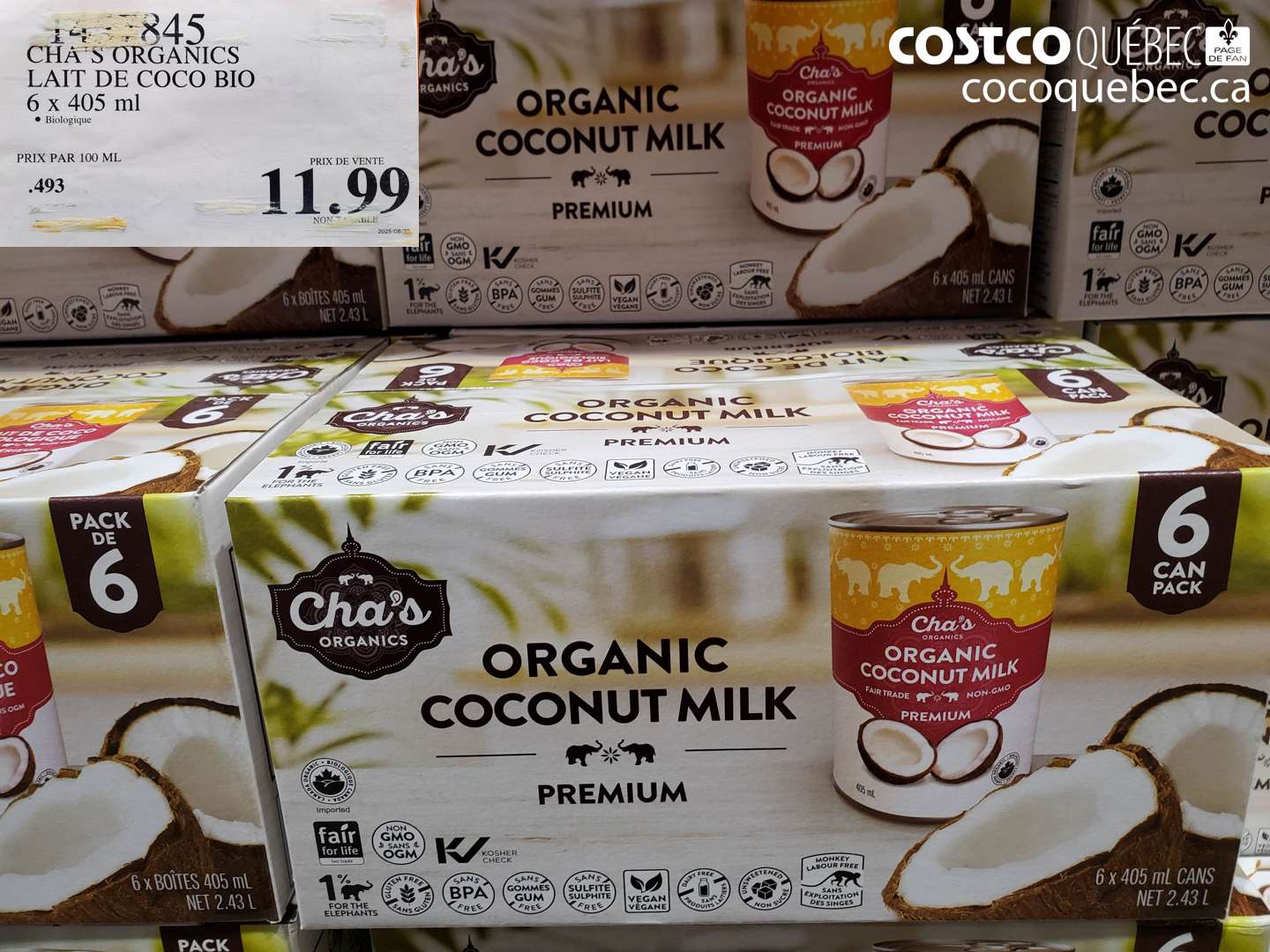 1457845 CHA'S ORGANICS LAIT DE COCO BIO 6 x 405 ml $11.99