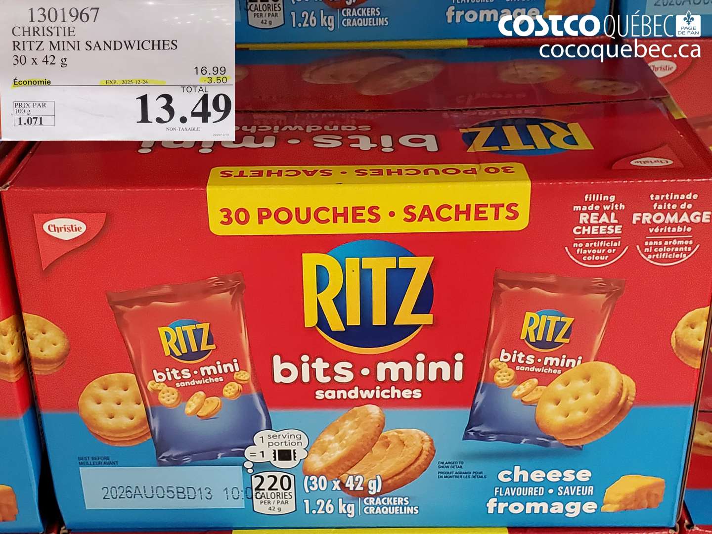 1301967 CHRISTIE RITZ MINI SANDWICHES 30 x 42 g ($3.50 INSTANT SAVINGS EXPIRES ON 2025-12-24) $13.49