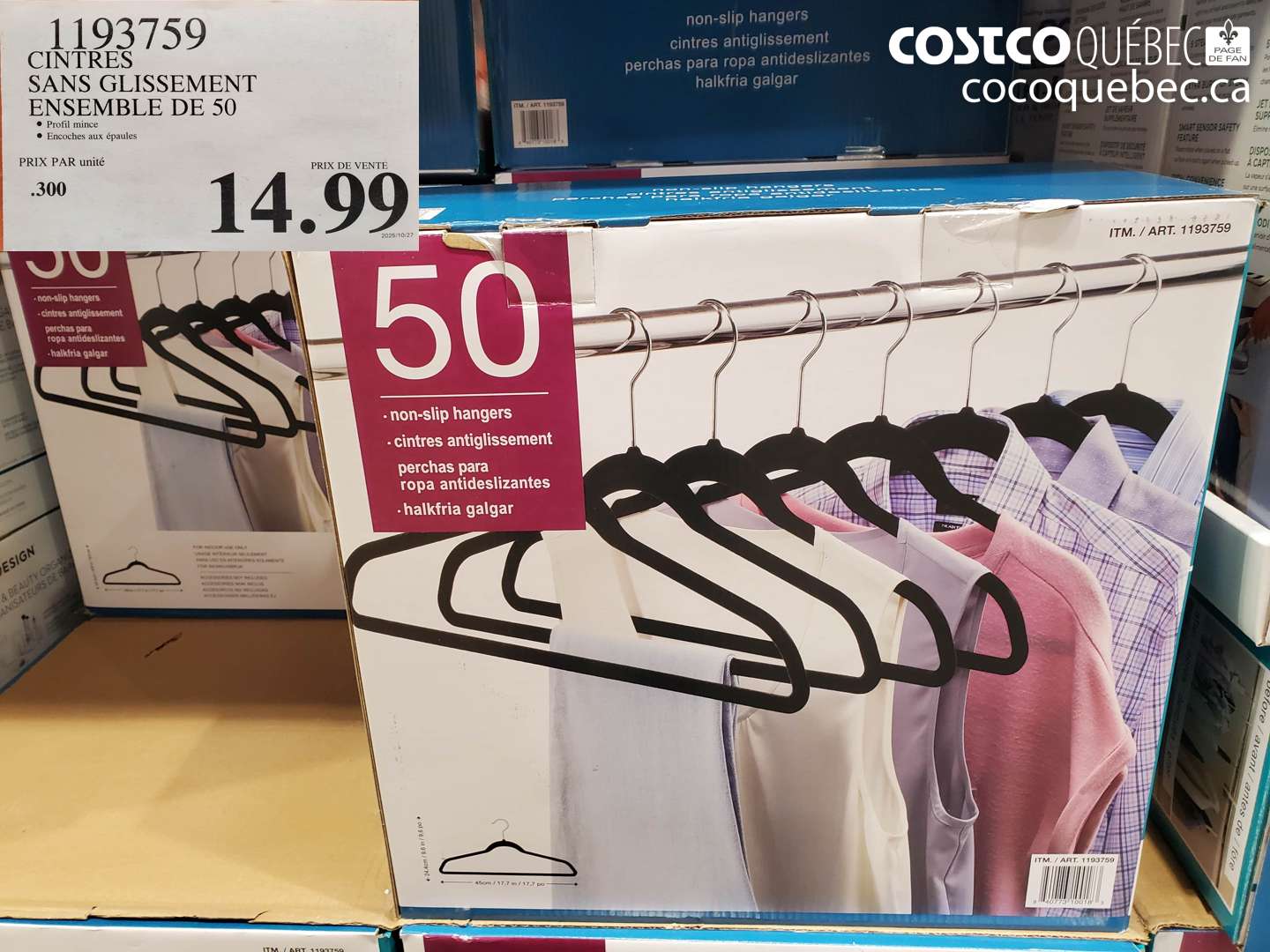 1193759 CINTRES SANS GLISSEMENT ENSEMBLE DE 50 $14.99