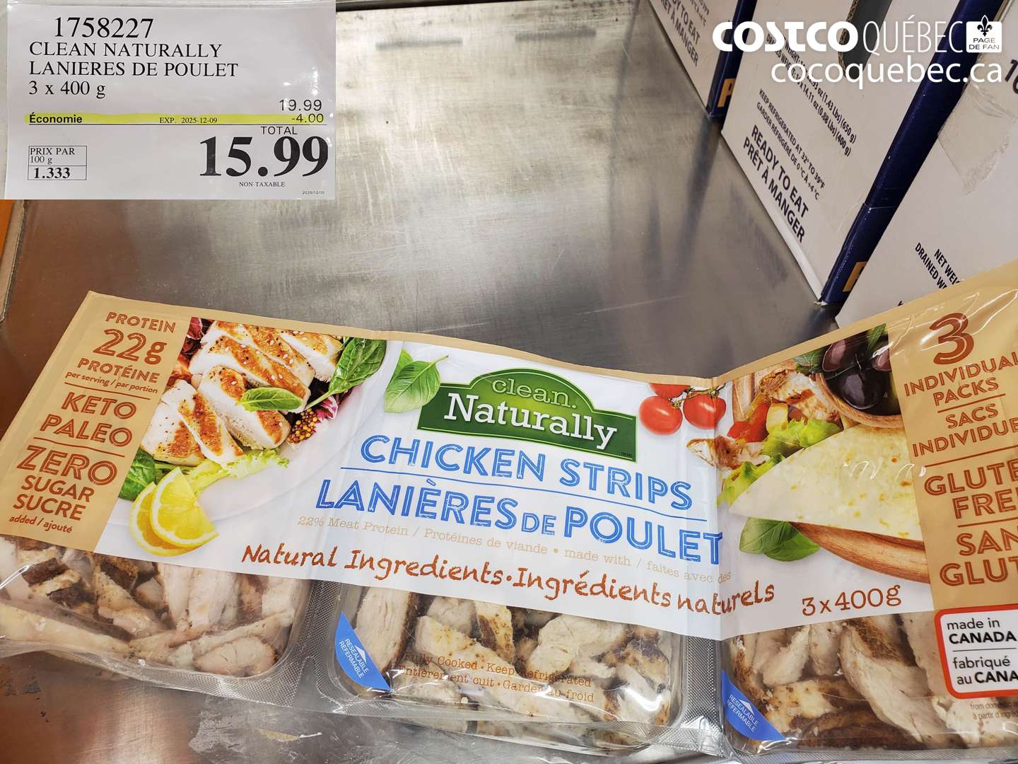 1758227 CLEAN NATURALLY LANIERES DE POULET 3 x 400 g (EXPIRES ON 2025-12-09) $15.99