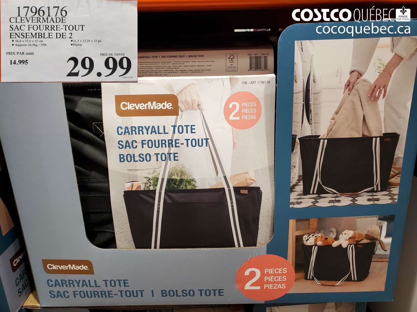 1796176 CLEVERMADE SAC FOURRE-TOUT ENSEMBLE DE 2 $29.99