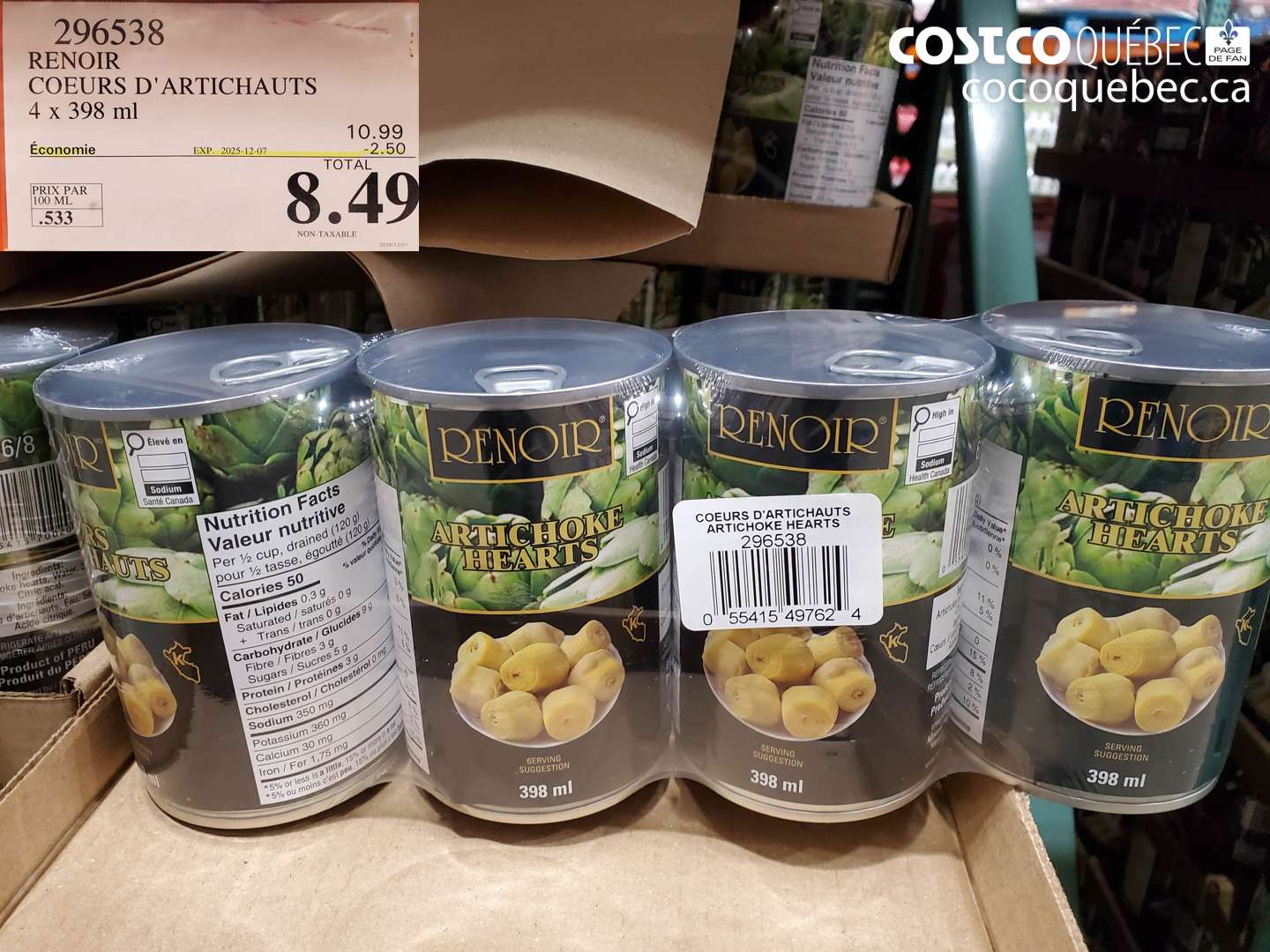 296538 COEURS D'ARTICHAUTS 4 x 398 ml.  ($2.50 INSTANT SAVINGS EXPIRES ON 2025-12-07) $8.49