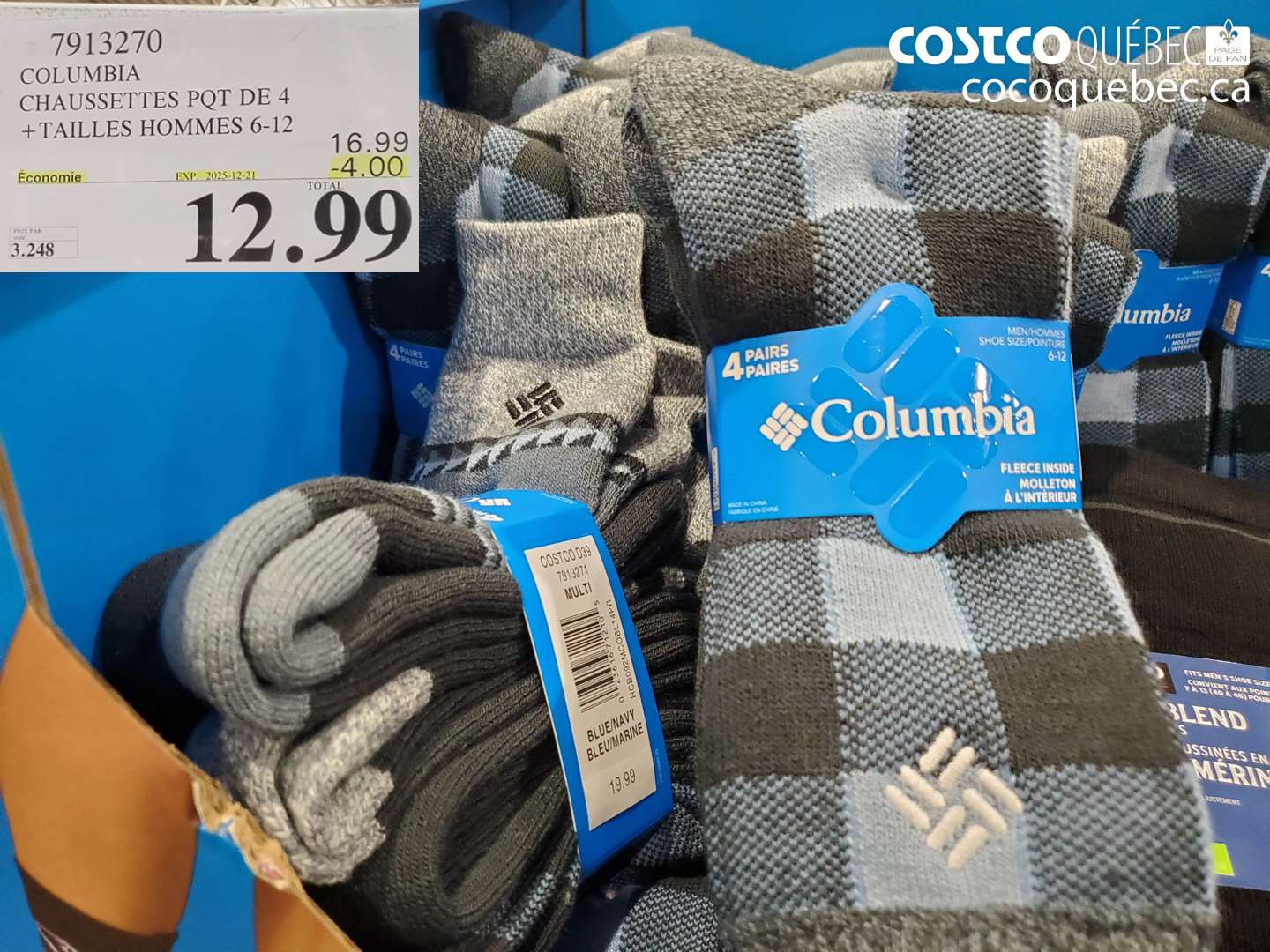 7913270 COLUMBIA CHAUSSETTES PQT DE 4 +TAILLES HOMMES 6-12 ($4.00 INSTANT SAVINGS EXPIRES ON 2025-12-21) $12.99