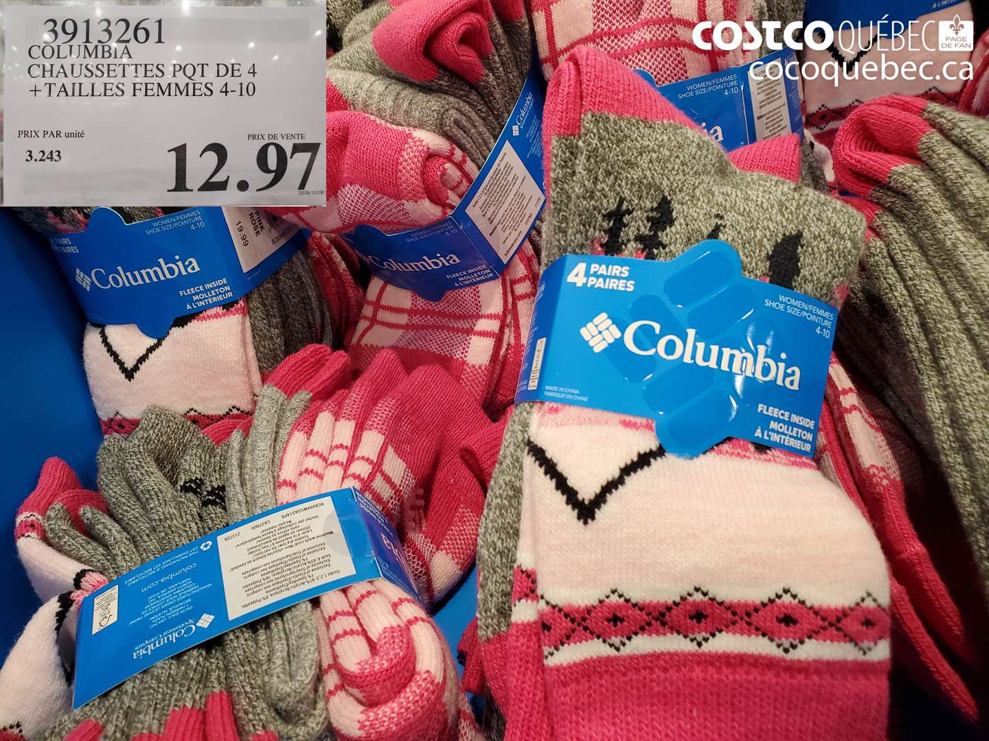 3913261 COLUMBIA CHAUSSETTES PQT DE 4 + TAILLES FEMMES 4-10 $12.97