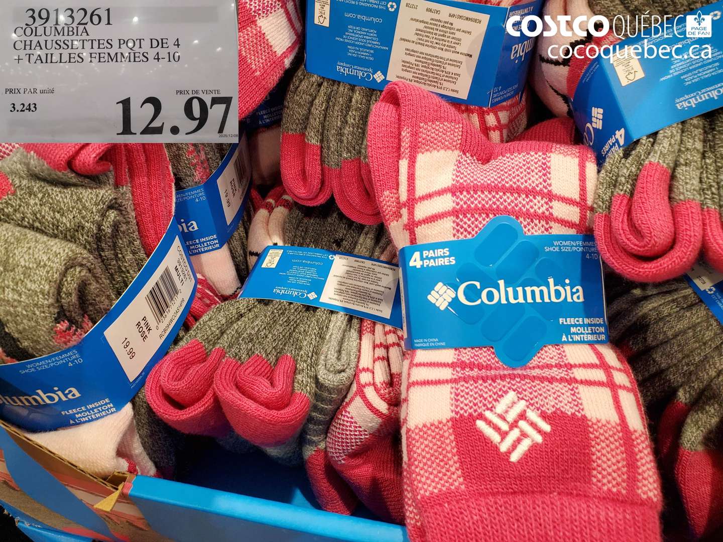 3913261 COLUMBIA CHAUSSETTES PQT DE 4 + TAILLES FEMMES 4-10 $12.97