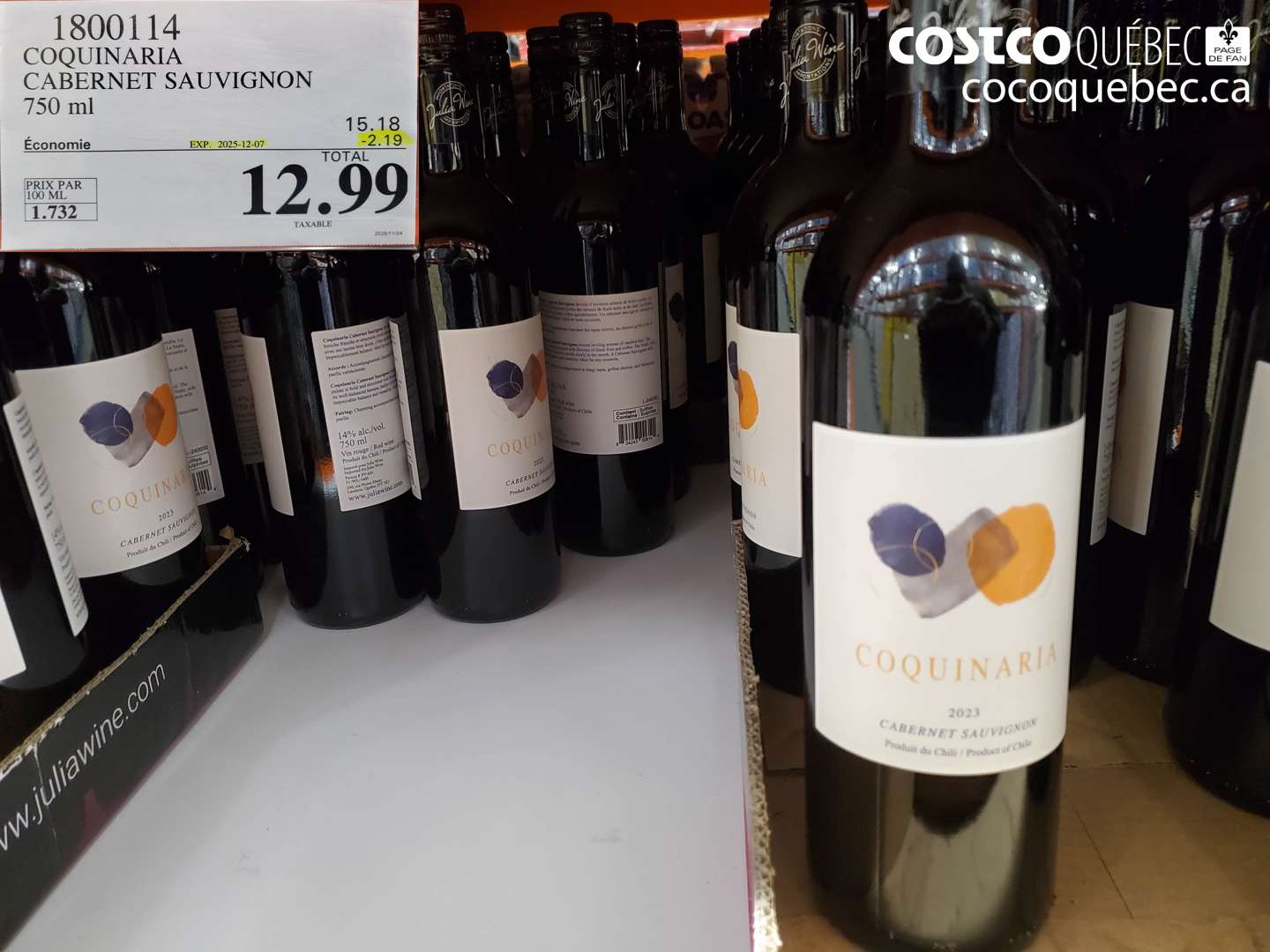 1800114 COQUINARIA CABERNET SAUVIGNON 750 mL  ($2.19 INSTANT SAVINGS EXPIRES ON 2025-12-07) $12.99