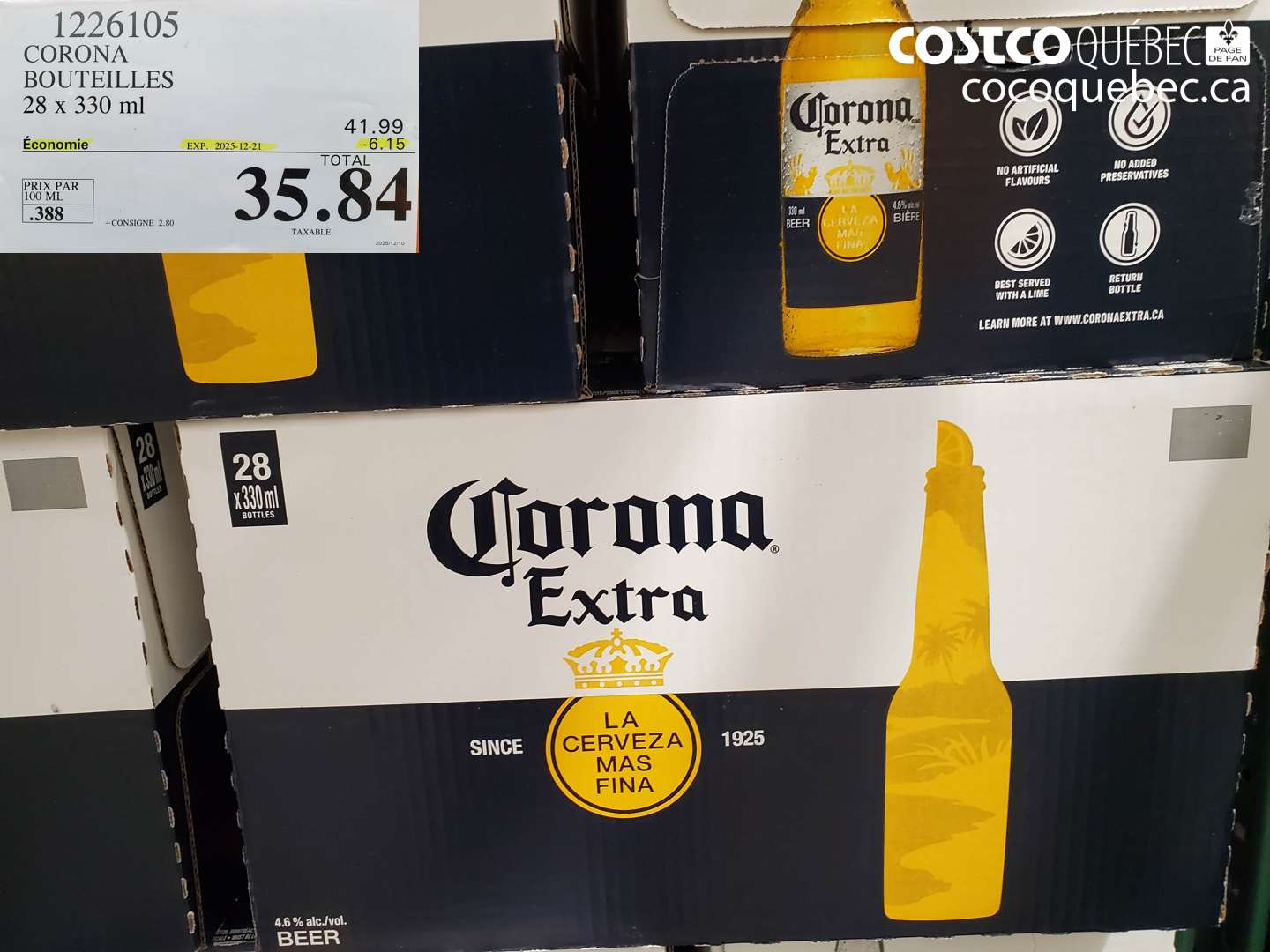 1226105 CORONA BOUTEILLES 28 x 330 ml ($6.15 INSTANT SAVINGS EXPIRES ON 2025-12-21) $35.84