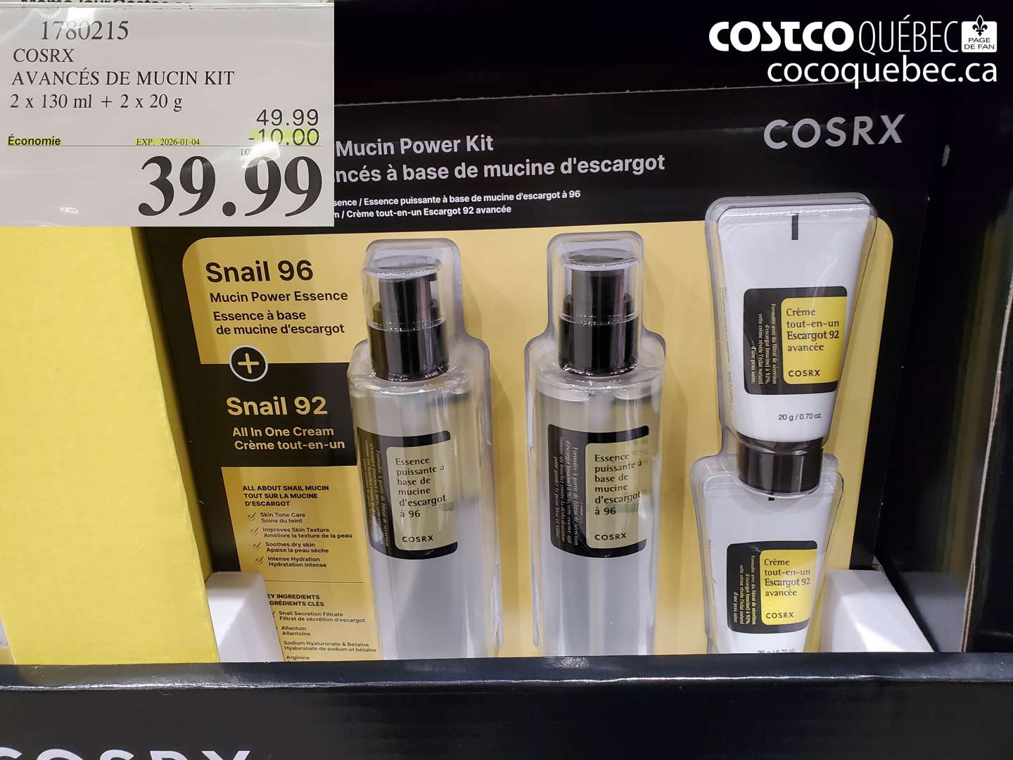 1780215 COSRX AVANCÉS DE MUCIN KIT 2 x 130 ml + 2 x 20 g ($10.00 INSTANT SAVINGS EXPIRES ON 2026-01-04) $39.99