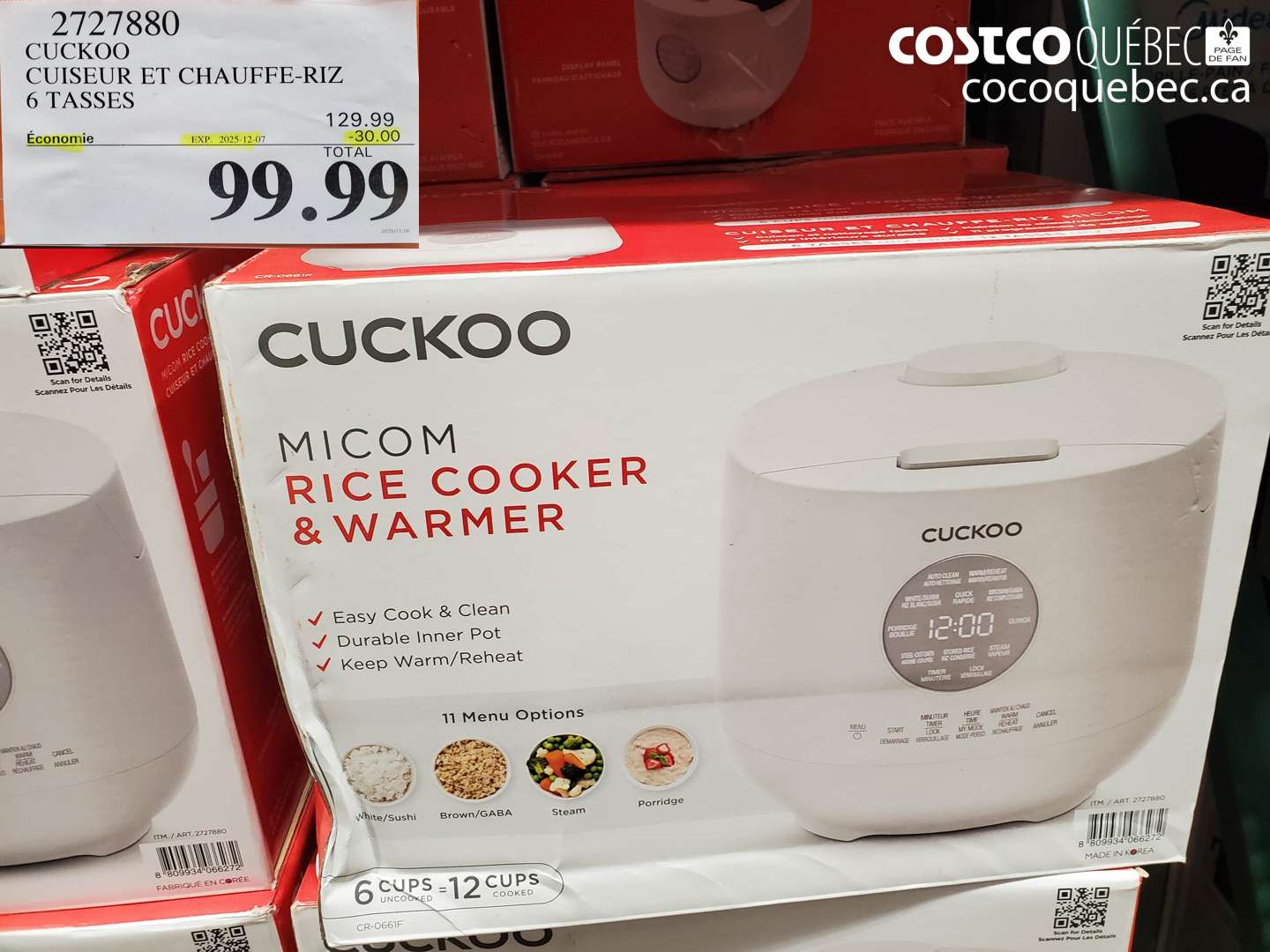 2727880 CUCKOO CUISEUR ET CHAUFFE-RIZ 6 TASSES  ($30.00 INSTANT SAVINGS EXPIRES ON 2025-12-07) $99.99