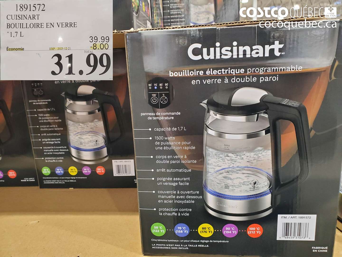 1891572 CUISINART BOUILLOIRE EN VERRE 1,7 L ($8.00 INSTANT SAVINGS EXPIRES ON 2025-12-21) $31.99