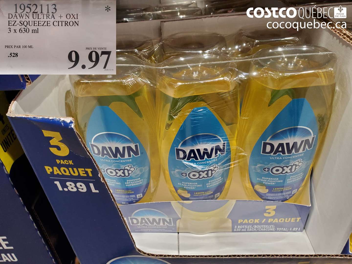 1952113 DAWN ULTRA + OXI EZ-SQUEEZE CITRON 3 x 630 ml $9.97