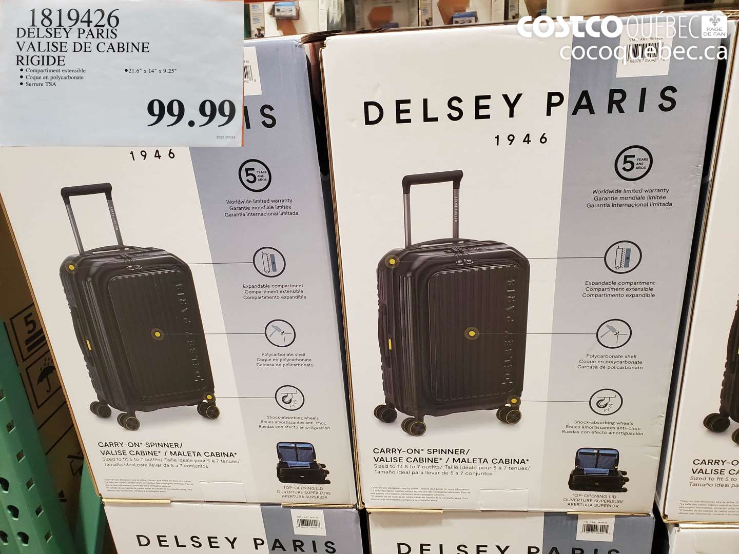 1819426 DELSEY PARIS VALISE DE CABINE RIGIDE $99.99