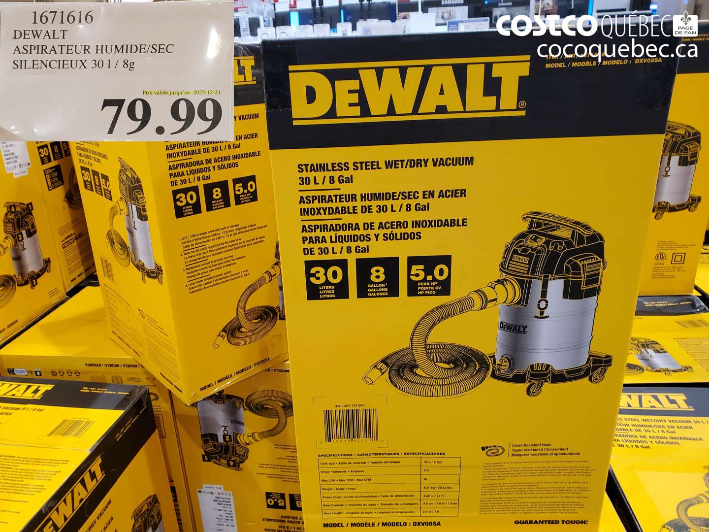 1671616 DEWALT ASPIRATEUR HUMIDE/SEC SILENCIEUX 30 1 / 8g (EXPIRES ON 2025-12-21) $79.99