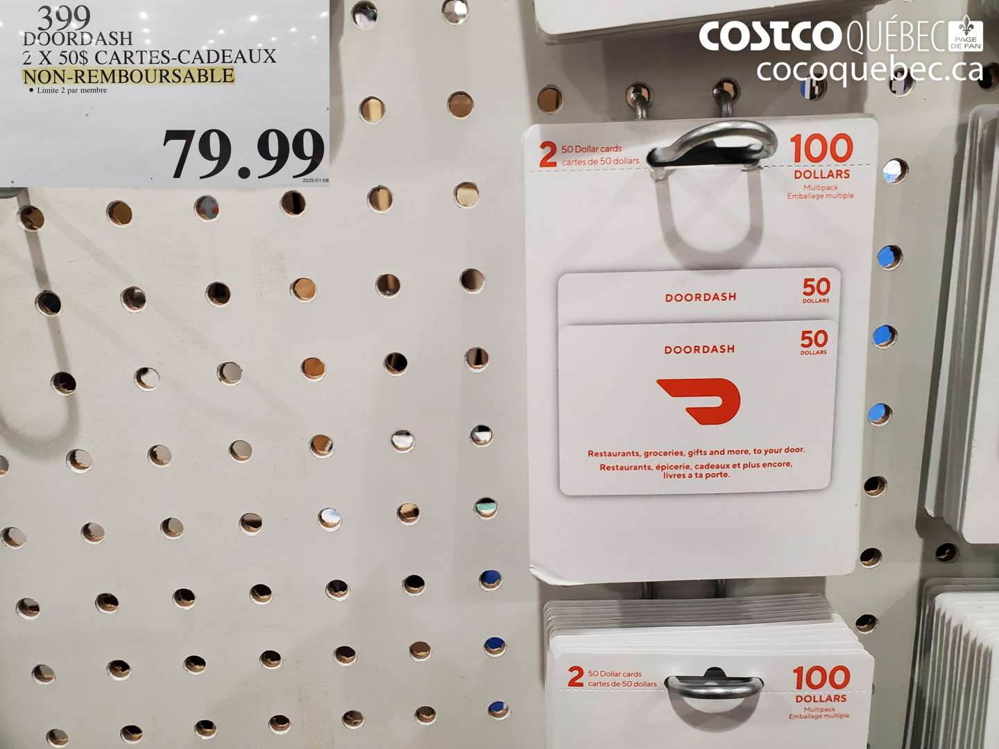 399 DOORDASH 2 X 50$ CARTES-CADEAUX NON-REMBOURSABLE $79.99