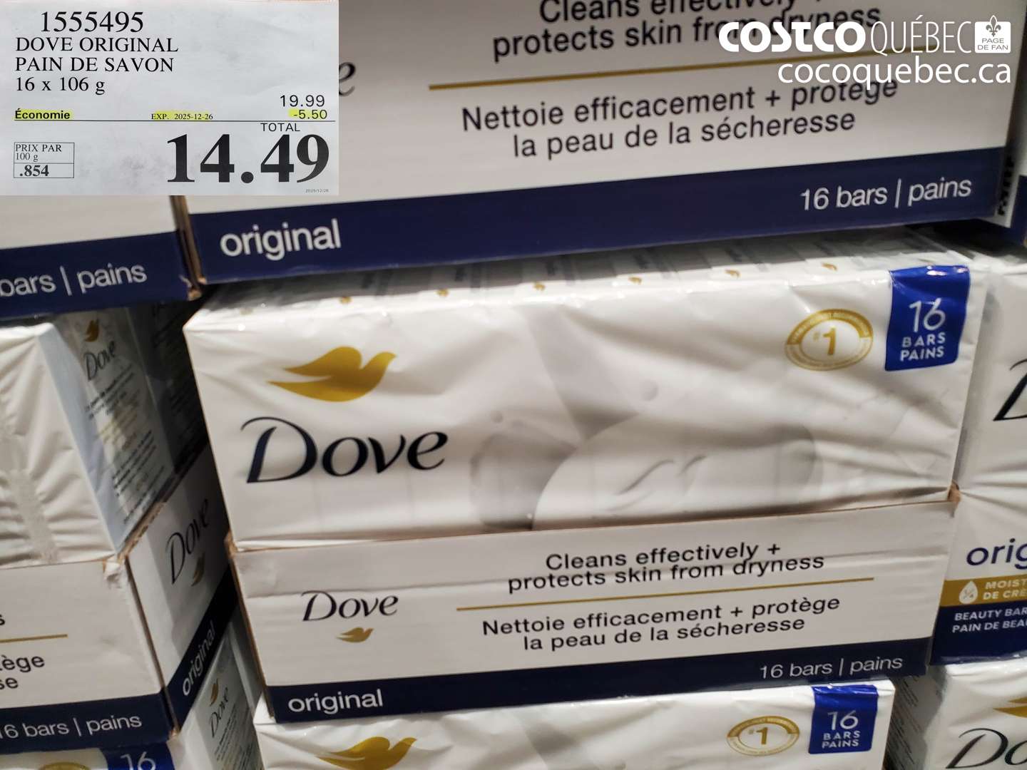 1555495 DOVE ORIGINAL PAIN DE SAVON 16 x 106 g ($5.50 INSTANT SAVINGS EXPIRES ON 2025-12-26) $14.49