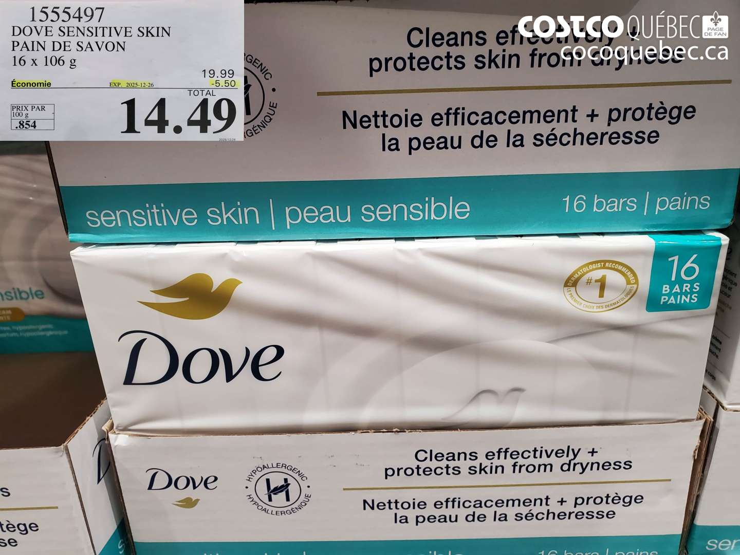 1555497 DOVE SENSITIVE SKIN PAIN DE SAVON 16 x 106 g ($5.50 INSTANT SAVINGS EXPIRES ON 2025-12-26) $14.49