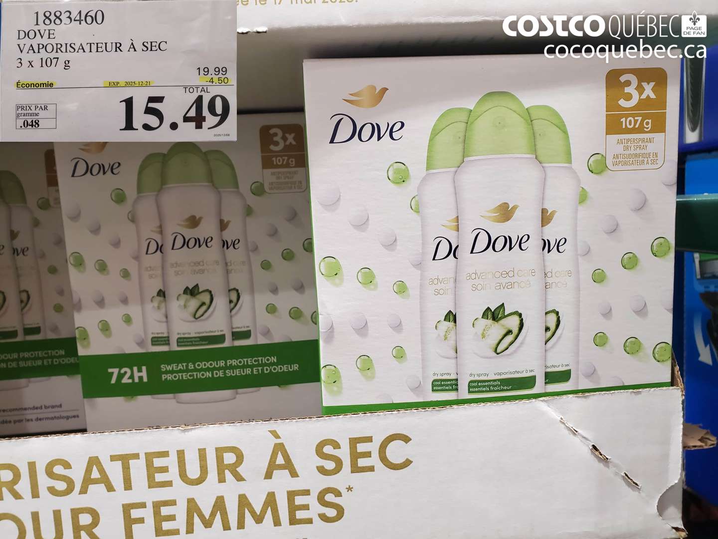 1883460 DOVE VAPORISATEUR À SEC 3 x 107 g ($4.50 INSTANT SAVINGS EXPIRES ON 2025-12-21) $15.49