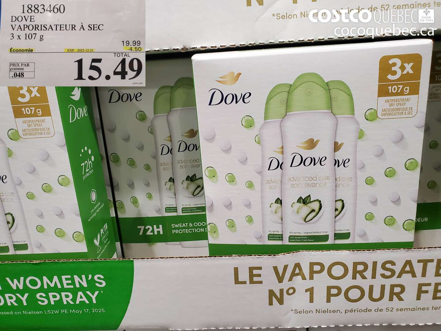 1883460 DOVE VAPORISATEUR À SEC 3 x 107 g ($4.50 INSTANT SAVINGS EXPIRES ON 2025-12-21) $15.49