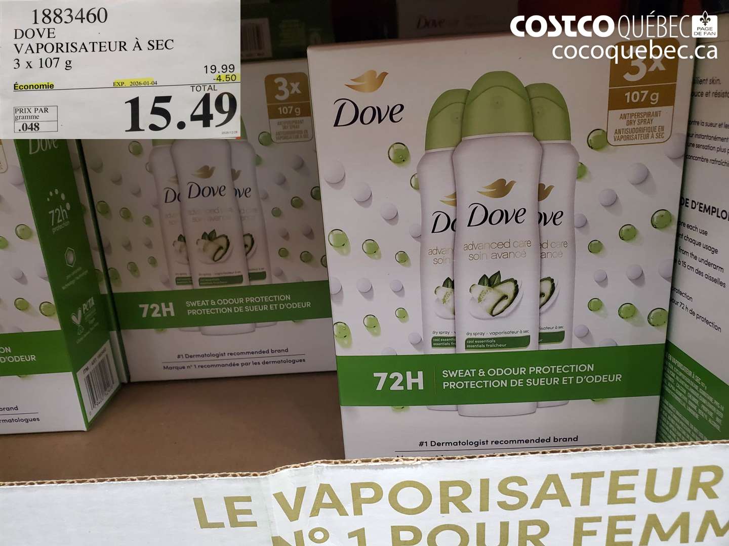1883460 DOVE VAPORISATEUR À SEC 3 x 107 g ($4.50 INSTANT SAVINGS EXPIRES ON 2026-01-04) $15.49