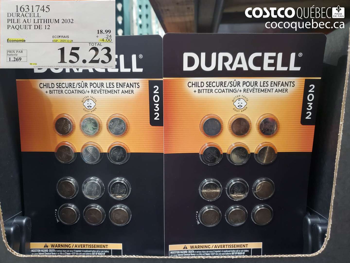 1631745 DURACELL PILE AU LITHIUM 2032 PAQUET DE 12 ($4.00 INSTANT SAVINGS EXPIRES ON 2025-12-28) $15.23
