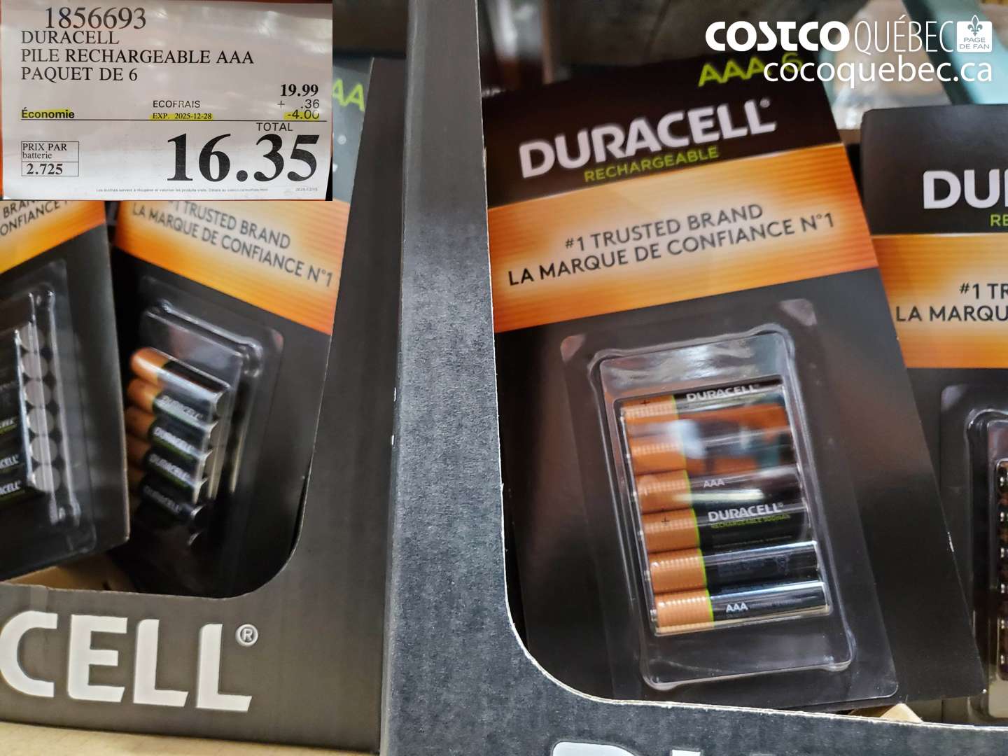1856693 DURACELL PILE RECHARGEABLE AAA PAQUET DE 6 ($4.00 INSTANT SAVINGS EXPIRES ON 2025-12-28) $16.35