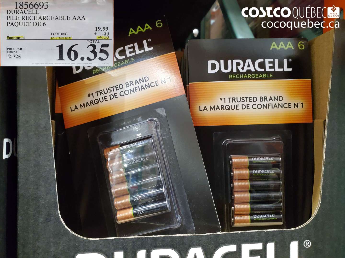 1856693 DURACELL PILE RECHARGEABLE AAA PAQUET DE 6 ($4.00 INSTANT SAVINGS EXPIRES ON 2025-12-28) $16.35