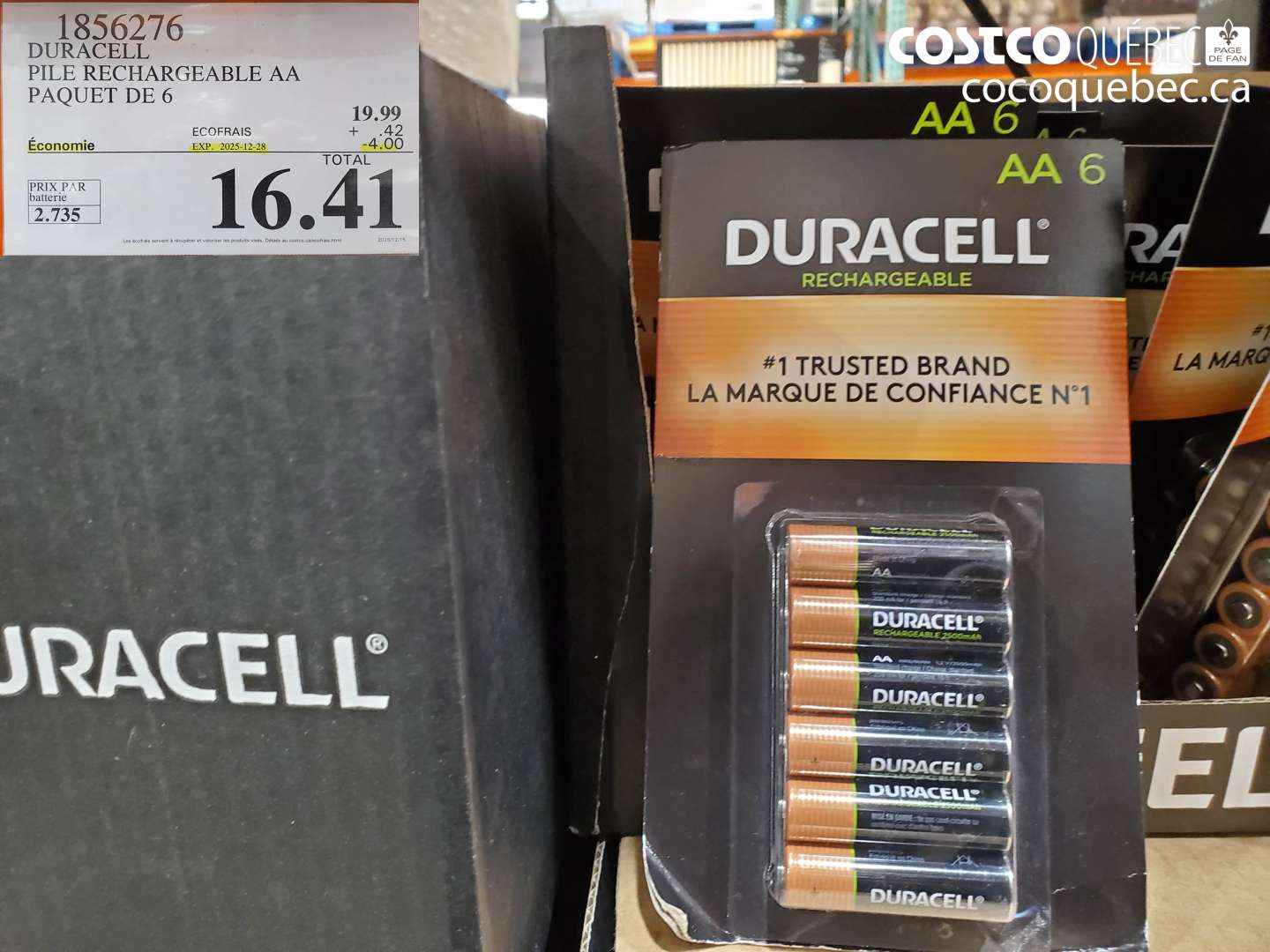 1856276 DURACELL PILE RECHARGEABLE AA PAQUET DE 6 ($4.00 INSTANT SAVINGS EXPIRES ON 2025-12-28) $16.41