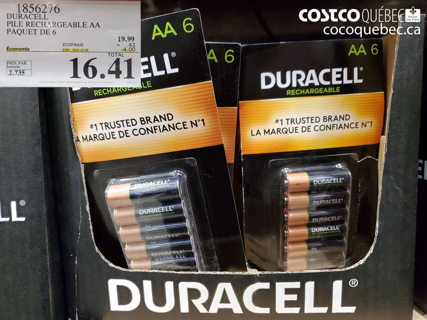 1856276 DURACELL PILE RECHARGEABLE AA PAQUET DE 6 ($4.00 INSTANT SAVINGS EXPIRES ON 2025-12-28) $16.41