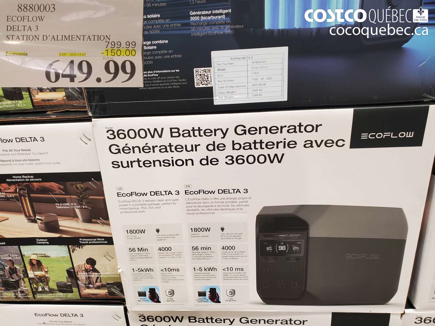 8880003 ECOFLOW DELTA 3 STATION D'ALIMENTATION ($150.00 INSTANT SAVINGS EXPIRES ON 2025-12-07) $649.99