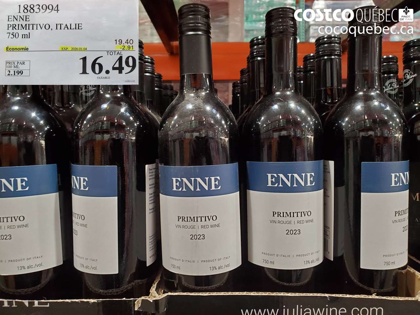 1883994 ENNE PRIMITIVO, ITALIE 750 ml ($2.91 INSTANT SAVINGS EXPIRES ON 2026-01-04) $16.49