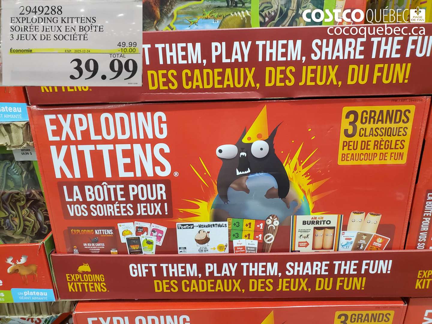 2949288 EXPLODING KITTENS SOIRÉE JEUX EN BOÎTE 3 JEUX DE SOCIÉTÉ (EXPIRES ON 2025-12-24) $39.99