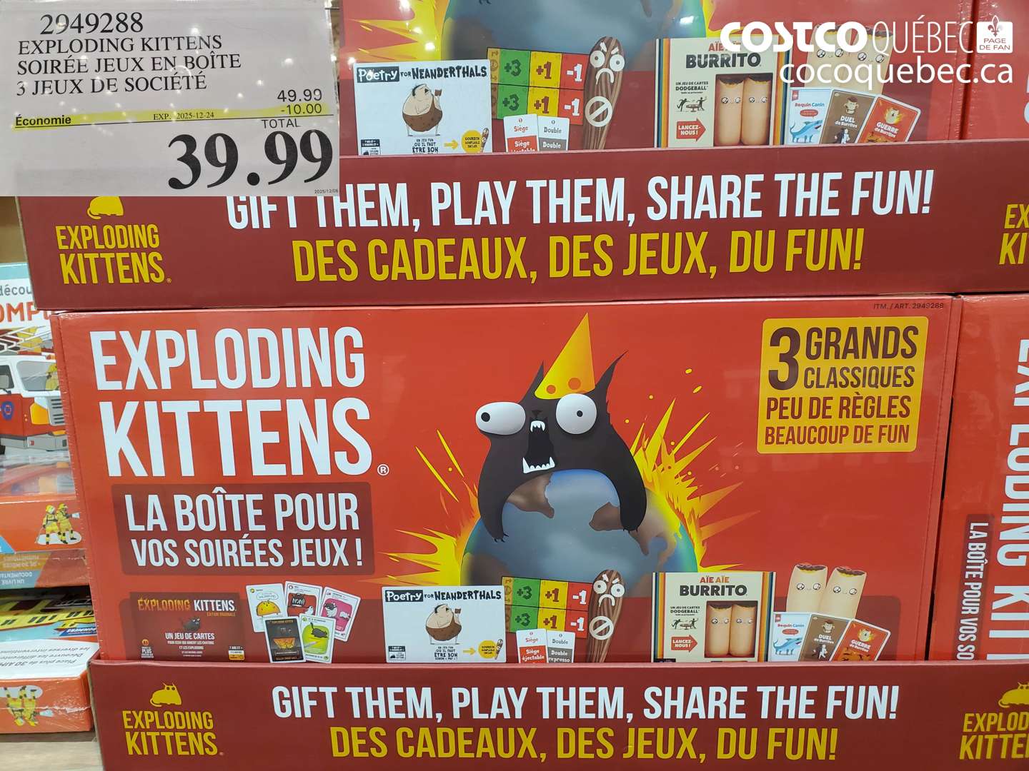 2949288 EXPLODING KITTENS SOIRÉE JEUX EN BOÎTE 3 JEUX DE SOCIÉTÉ ($10.00 INSTANT SAVINGS EXPIRES ON 2025-12-24) $39.99