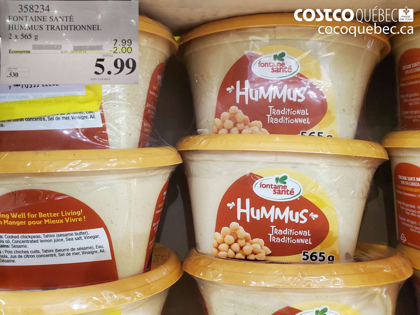 358234 FONTAINE SANTE HUMMUS TRADITIONNEL 2x 565 g ($2.00 INSTANT SAVINGS EXPIRES ON 2025-12-14) $5.99