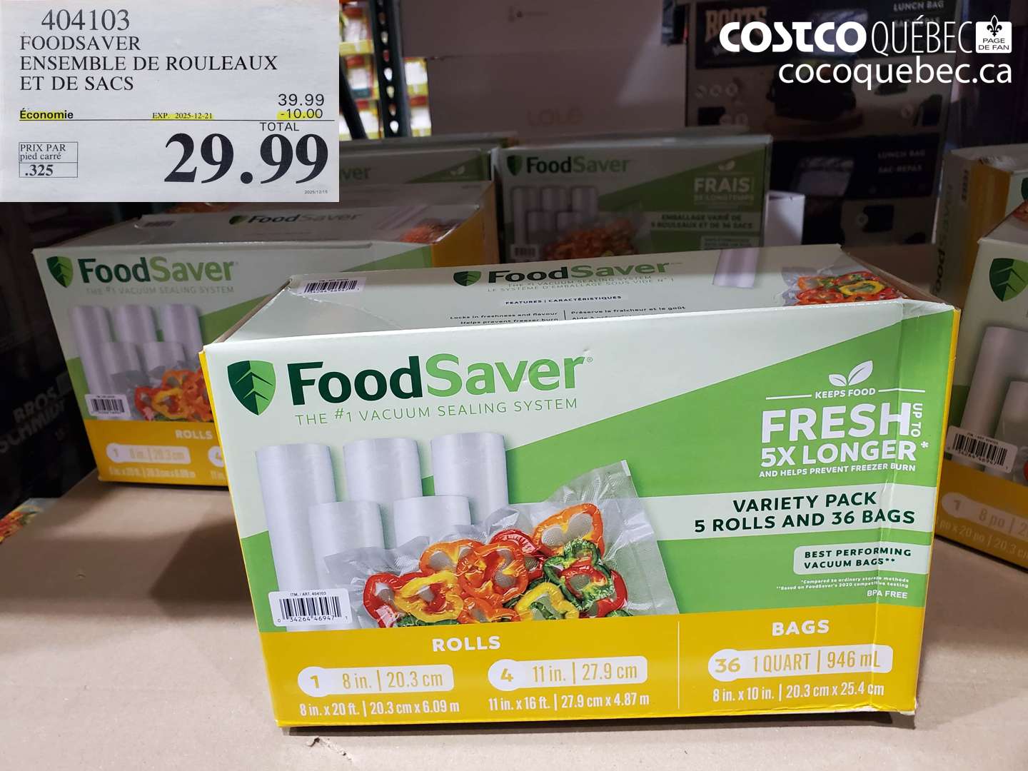 404103 FOODSAVER ENSEMBLE DE ROULEAUX ET DE SACS ($10.00 INSTANT SAVINGS EXPIRES ON 2025-12-21) $29.99