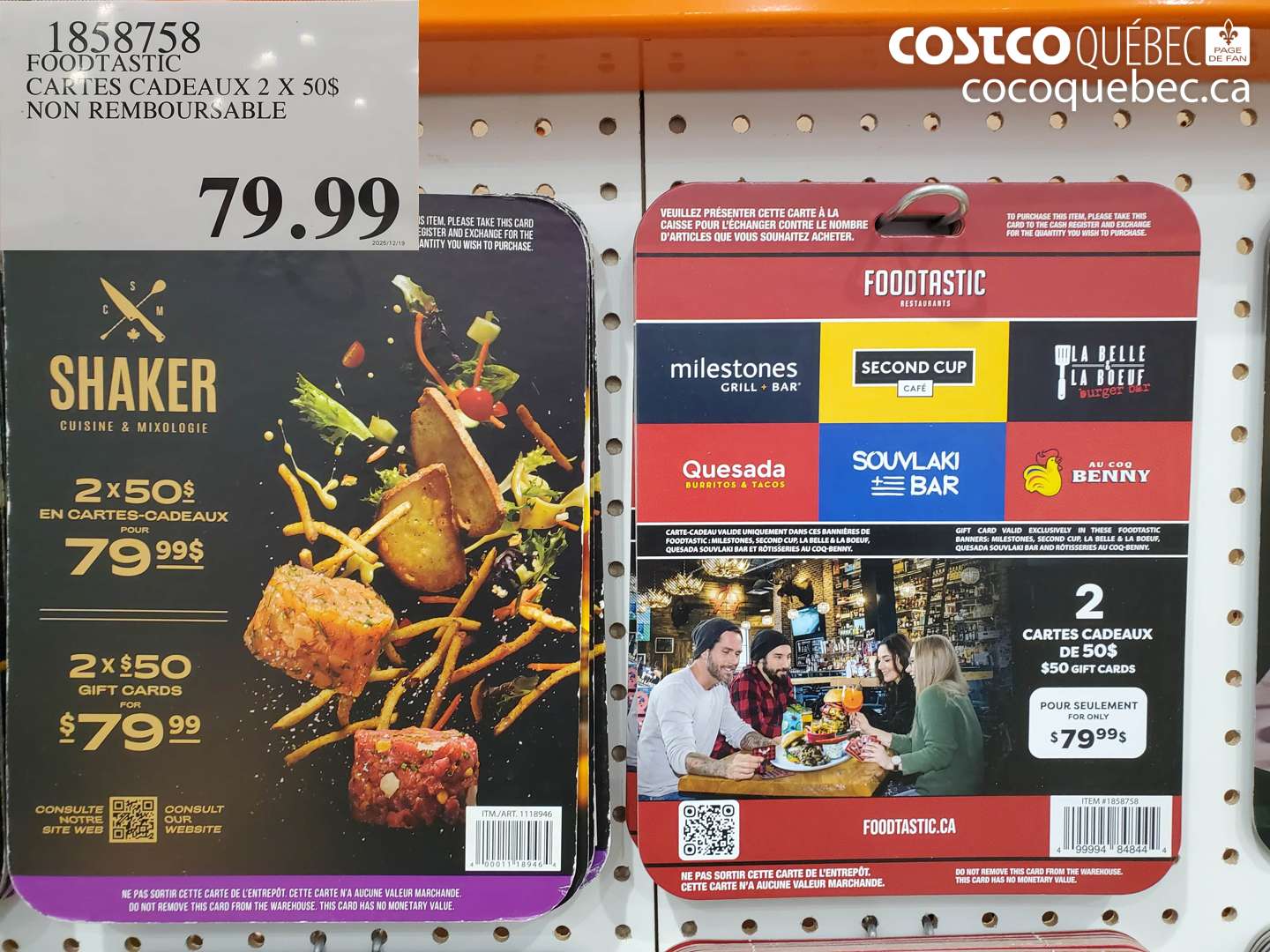 1858758 FOODTASTIC CARTES CADEAUX 2 X 50$ NON REMBOURSABLE $79.99