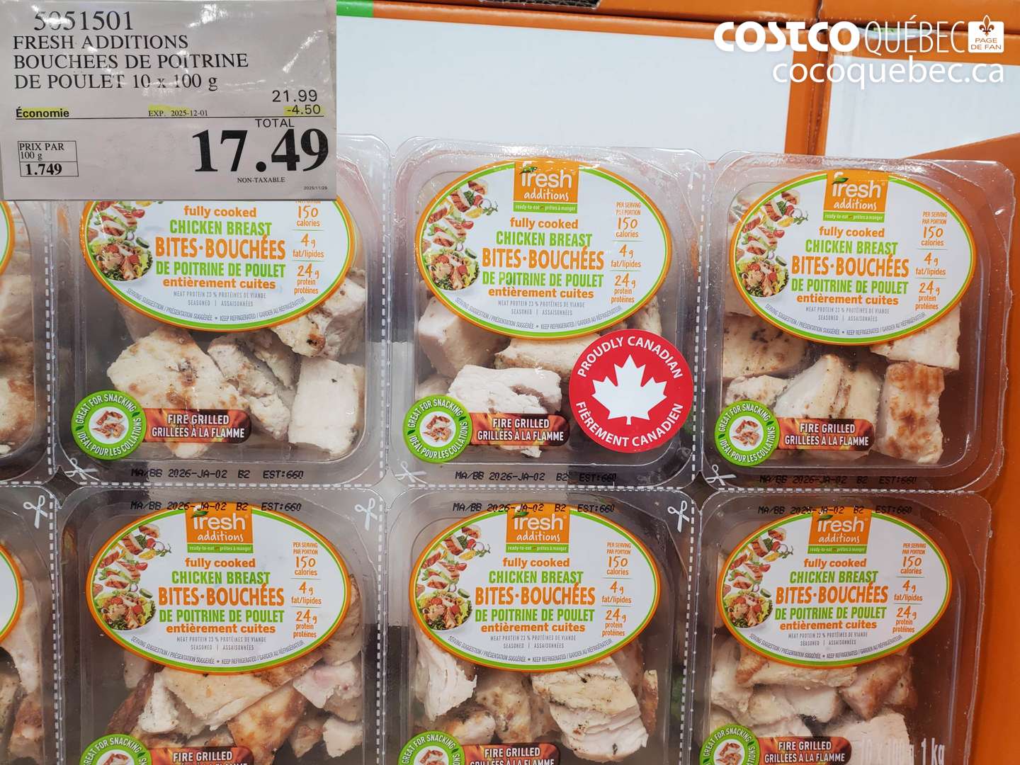 5051501 FRESH ADDITIONS BOUCHEES DE POITRINE DE POULET 10 x 100 g ($4.50 INSTANT SAVINGS EXPIRES ON 2025-12-01) $17.49