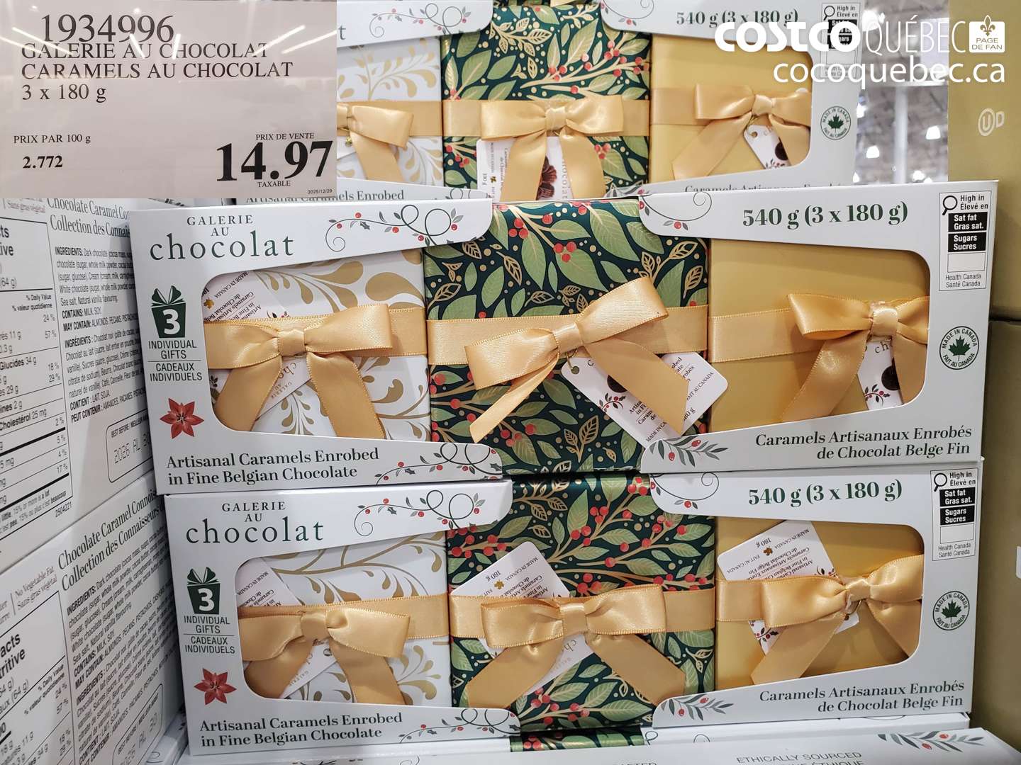 193496 GALERIE AU CHOCOLAT CARAMELS AU CHOCOLAT 3 x 180 g $14.97